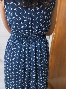 Navy Bird Print Maxi Dress With Full Length Lining