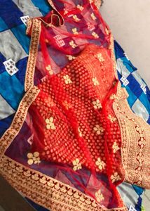 Elegant Cherry Red &amp; Gold Lehenga Set