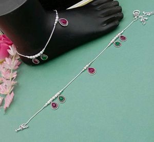 Silver Plated Anklet with Red & Green Stones