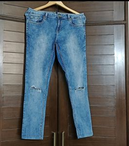 Women's Blue Washed Knee Slit Skinny Fit Jeans Wai