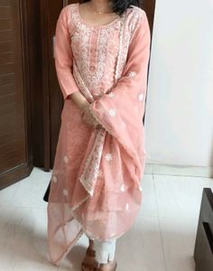 Women Peach Cotton Mix Chikankari Work Suit
