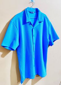 Blue Ribbed Button-Down Shirt