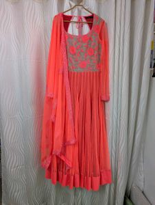 Pink Net Anarkali Suit With Dupatta