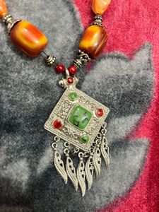 Boho Amber &amp; Silver Pendant Necklace