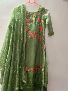 Green Embroidered Organza Kurta Set