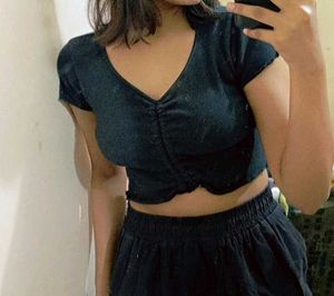 Black Cropped Drawstring Top