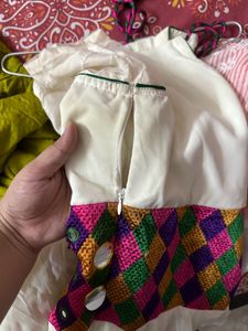 White Gher Dress Kurti With Colourful Border And Dori