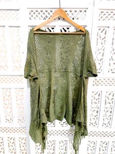 Boho Chic Olive Green Tassel Knitted Shrug D