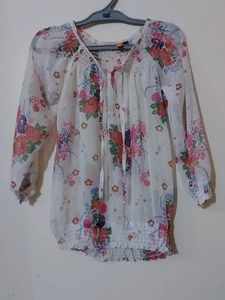 White Printed Ballon Shaped Georgette Sheer Top