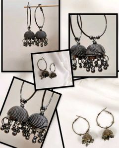 ✨ Oxidised Floral Studs & Statement Dangle Hoops C