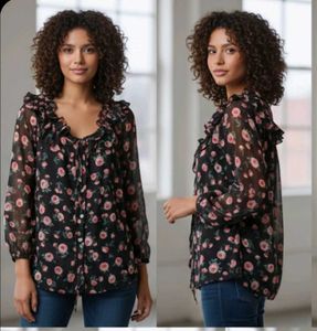 Floral Ruffle Trim Sheer Blouse