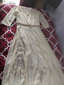Off White Long Dress With Golden Detailing