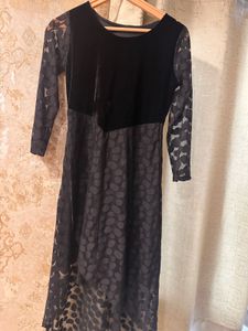 Elegant Black Velvet & Lace Dress, Bust-32