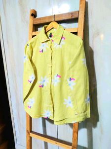 Lemon Colour Cotton Printed Shirt Size-40