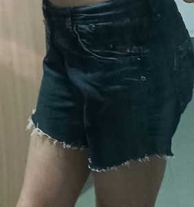 Black Denim Frayed Shorts