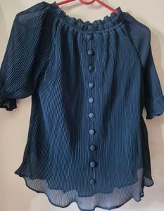 Elegant Navy Blue Pleated Off-Shoulder Top