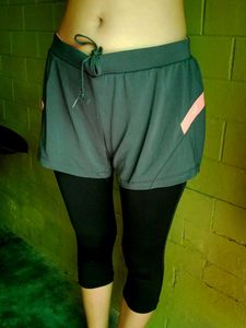 Black Solid Tights With Attached Shorts.