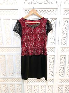Elegant Black & Red Floral Laced Dress A