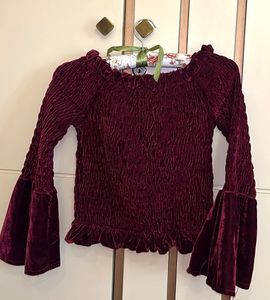 Burgundy Velvet Smocked Bell Sleeve Top