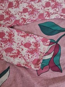 Pink Floral Long Sleeve Short Kurti