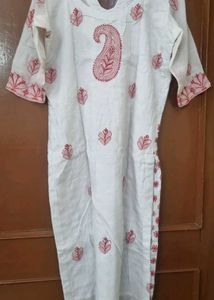 White &amp; red Chikankari Work Kurti