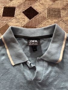 Zara Blue Textured Polo Shirt - Size M