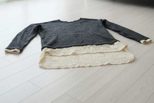 Gray Knit Sweater with Lace Trim