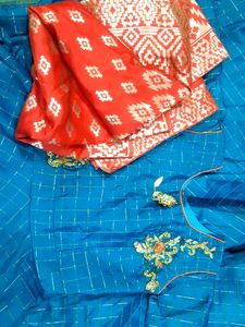 Blue Embroidered Anarkali Dress With Red Dupatta