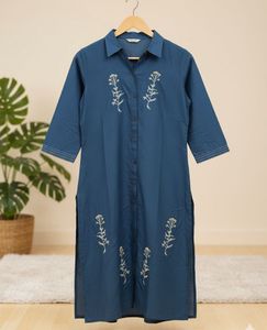 Elegant Blue Cotton Bland Kurti | Floral Embroide