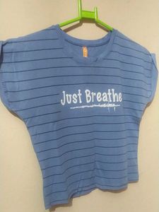 Blue Striped &#34;Just Breathe&#34; Tee