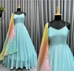 Turquoise Ethnic Gown With Organza Duptta