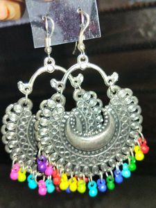 Colorful Beaded Silver Hoop Earrings