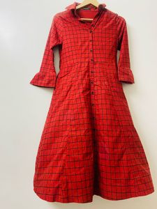 COTTINFAB Red Checked Shirt Dress