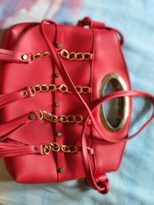Vintage Red Leather Oval Handle Bag