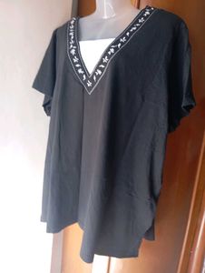 Embroidered V-Neck Black Top