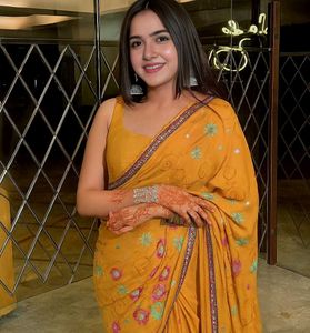 New light Yellow Chiffon Embroidery Saree✨