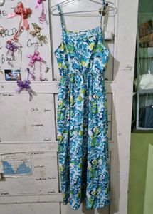 Sky Blue And Green Floral Print Dress
