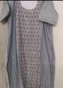 Grey & Pink Embroidered Kurti
