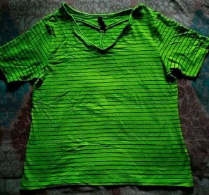 Neon Green Striped V-Neck Tee