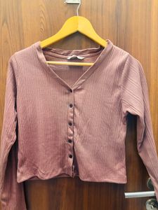Mauve Ribbed Button-Front Top