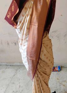 beautiful 😍 Cream &amp; Maroon slik pattu Saree 🔥