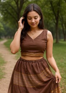 Brown Striped Crop Top & Skirt Set