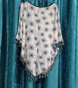 White &amp; Blue Tassel Poncho Top