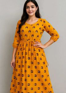 Sunshine Charm – Mustard Ikat Print Anarkali Kurti