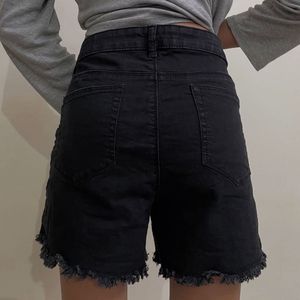 Black Denim Frayed Hem Shorts