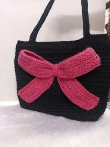 Handmade Black Crochet Tote Bag with Pink Bow❤️
