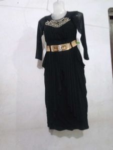 Black Pleated Dress with Belt