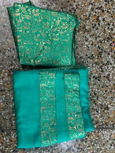 Teel Green &amp; Gold Border Saree With Blouse Piece