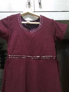 Maroon Mirror Work Dress -45 Inches Long