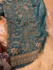 Teal Embroidered Kurta Set Unstitched